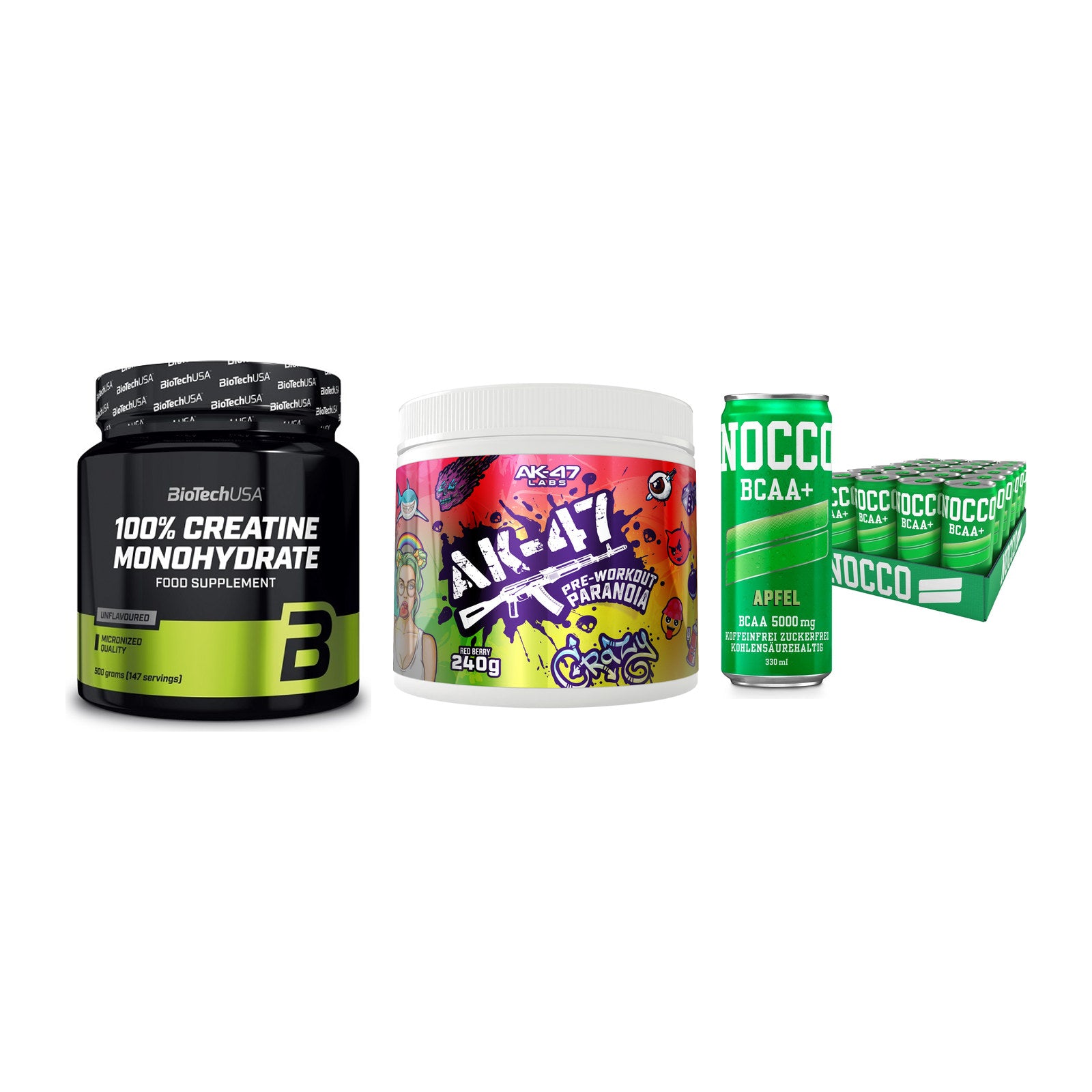 Kraft-Stack: BioTech Creatine + AK47 Labs + Nocco BCAA Drink – alle enthaltenen Artikel