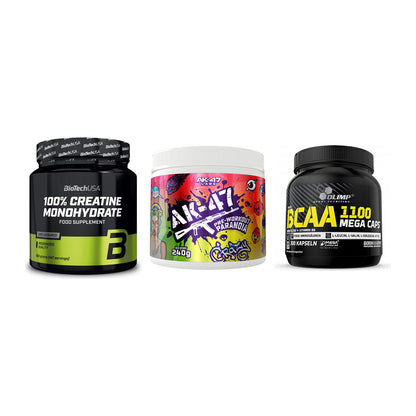 Kraft-Stack: BioTech Creatine + AK47 Labs + Olimp BCAA Mega – alle enthaltenen Artikel