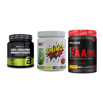 Kraft-Stack: BioTech Creatine + MST Amino Pump + Body Attack – alle enthaltenen Artikel