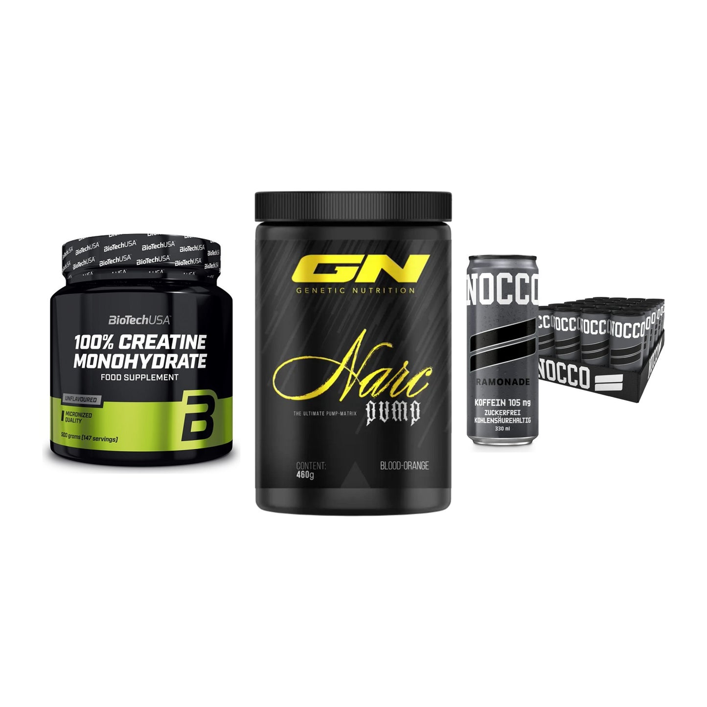Kraft-Stack: BioTech Creatine + GN Narc Pump + Nocco BCAA Drink – alle enthaltenen Artikel