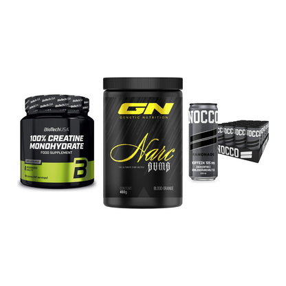 Kraft-Stack: BioTech Creatine + GN Narc Pump + Nocco BCAA Drink – alle enthaltenen Artikel