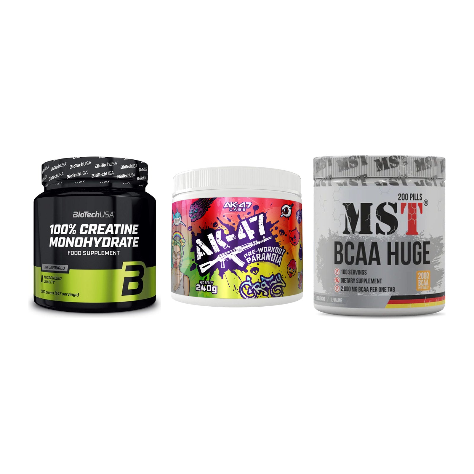 Kraft-Stack: BioTech Creatine + AK47 Labs + MST BCAA Huge 200 – alle enthaltenen Artikel