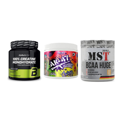 Kraft-Stack: BioTech Creatine + AK47 Labs + MST BCAA Huge 200 – alle enthaltenen Artikel