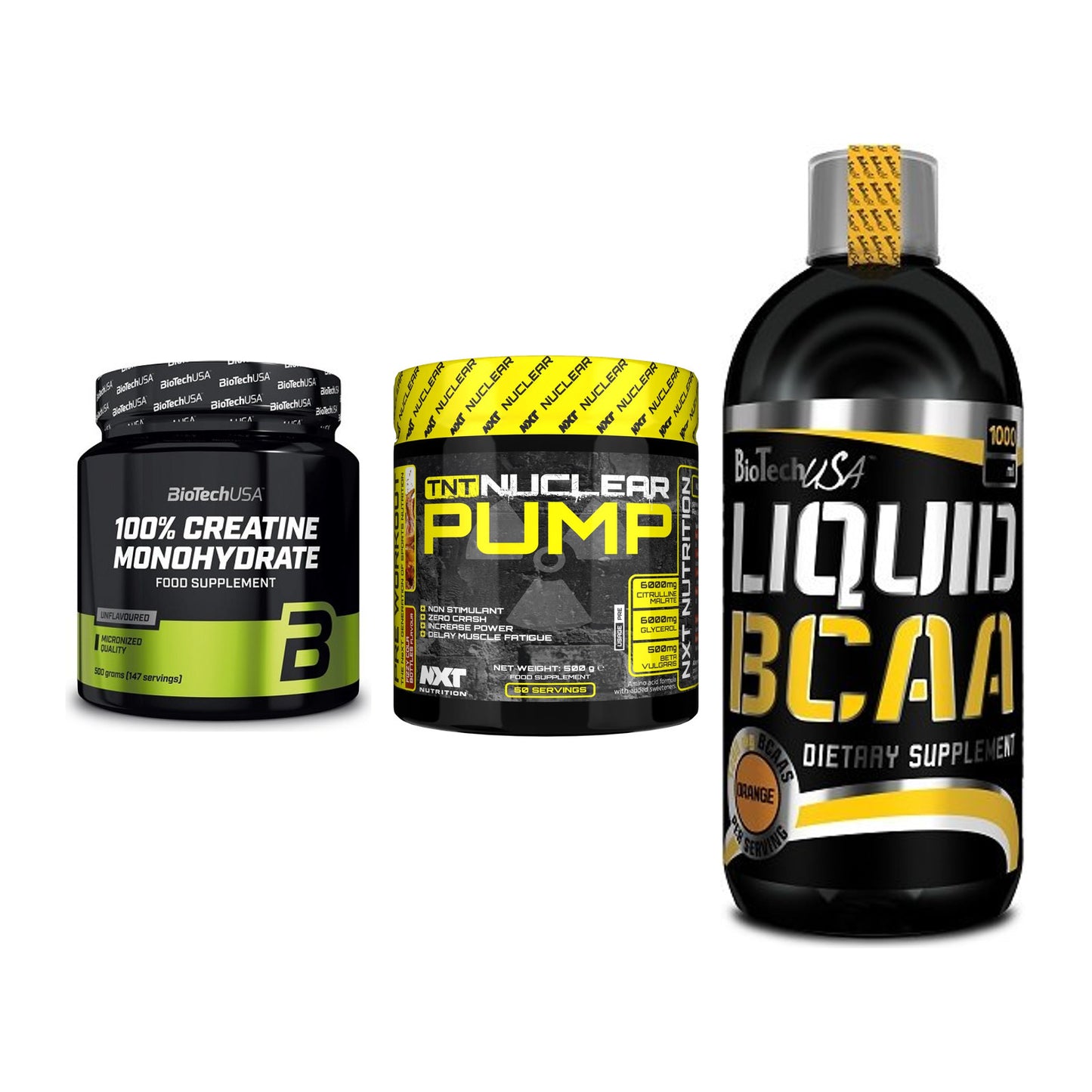 Kraft-Stack: BioTech Creatine + NXT Nutrition TNT + BioTech Liquid – alle enthaltenen Artikel