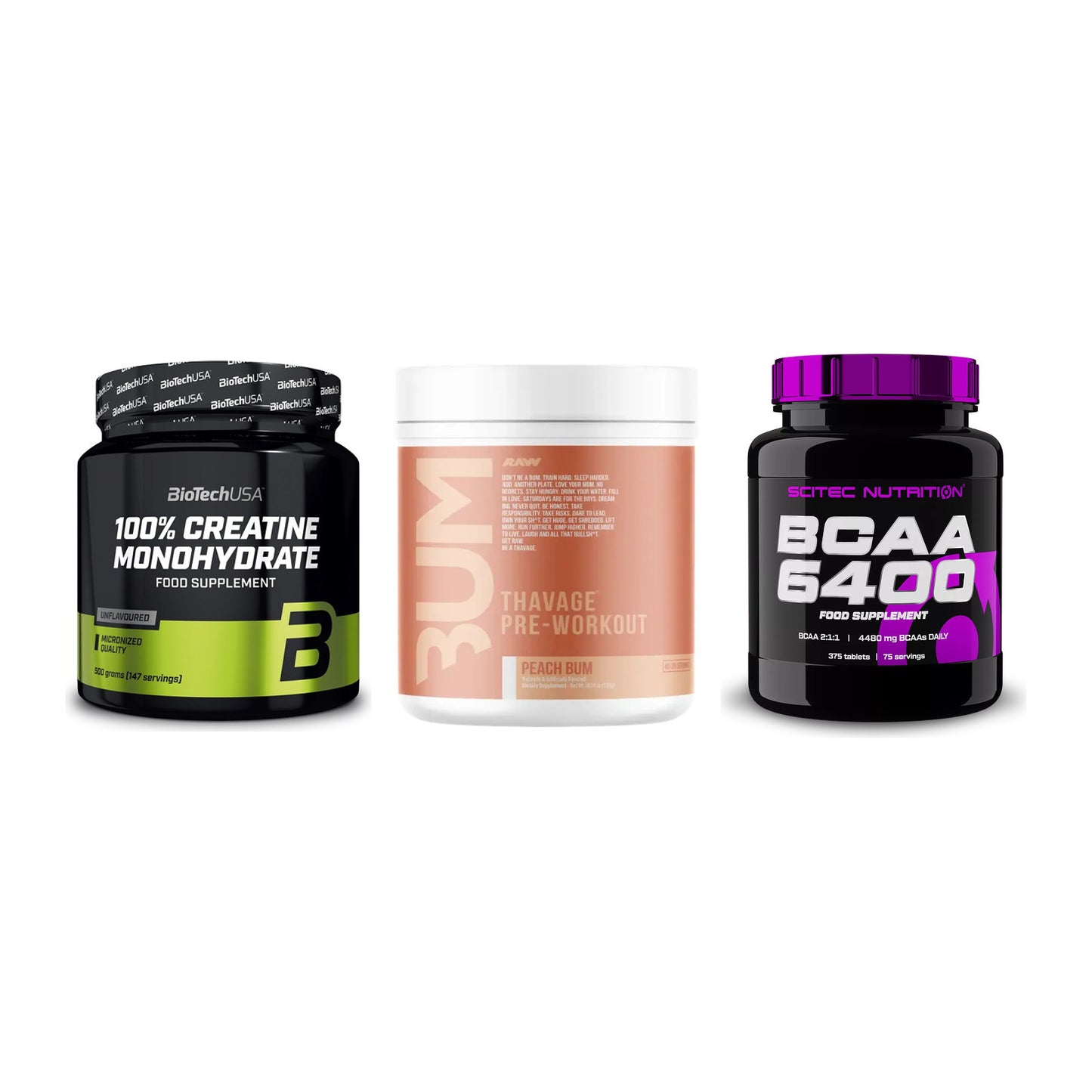 Kraft-Stack: BioTech Creatine + RAW Nutrition + Scitec BCAA 6400 – alle enthaltenen Artikel
