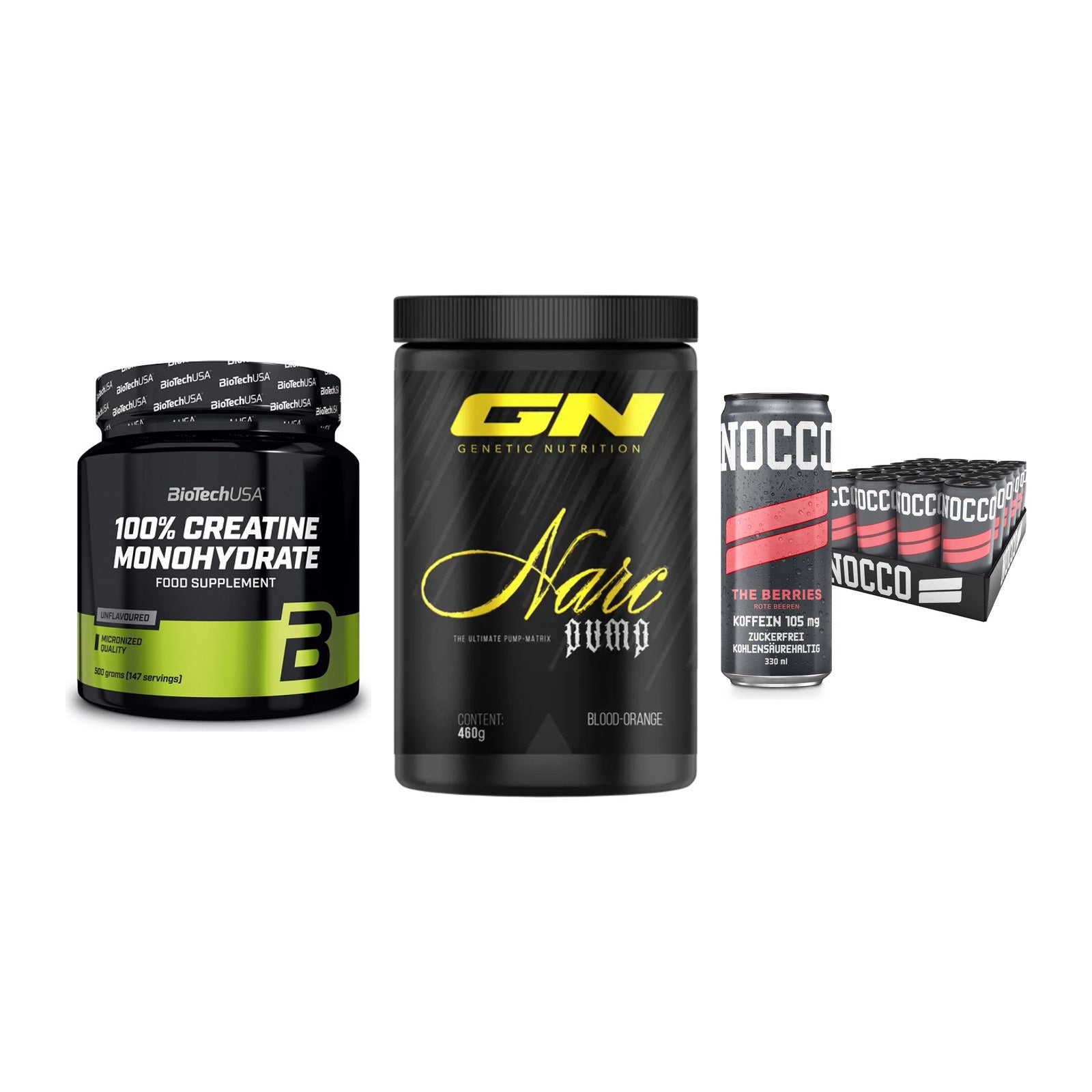 Kraft-Stack: BioTech Creatine + GN Narc Pump + Nocco BCAA Drink – alle enthaltenen Artikel