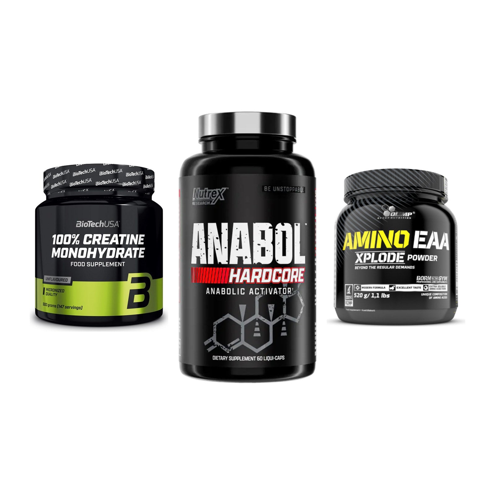 Kraft-Stack: BioTech Creatine + Nutrex Anabol + Olimp Amino EAA – alle enthaltenen Artikel