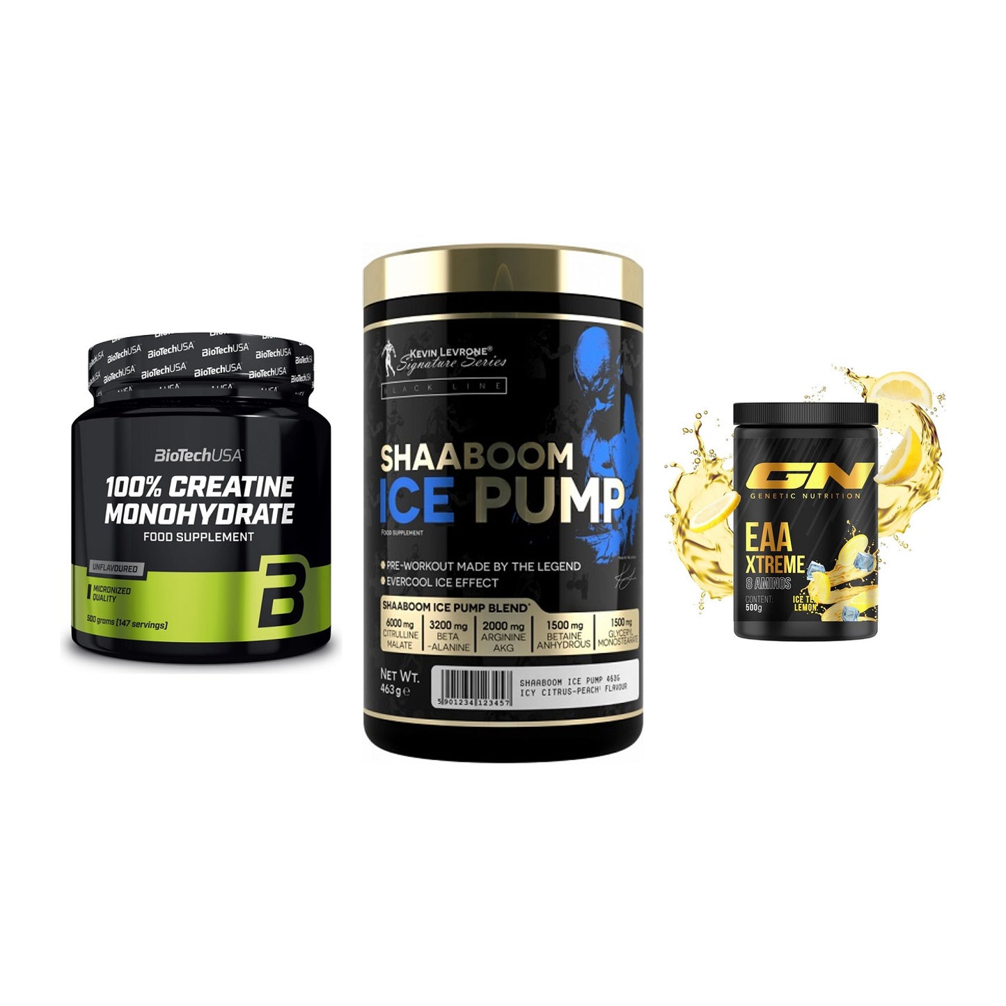 Kraft-Stack: BioTech Creatine + Kevin Levrone + GN EAA Xtreme – alle enthaltenen Artikel
