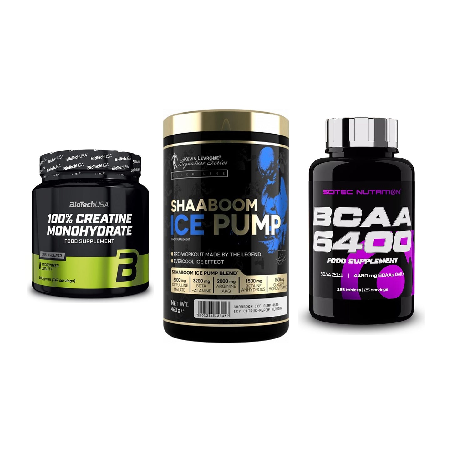 Kraft-Stack: BioTech Creatine + Kevin Levrone + Scitec BCAA 6400 – alle enthaltenen Artikel