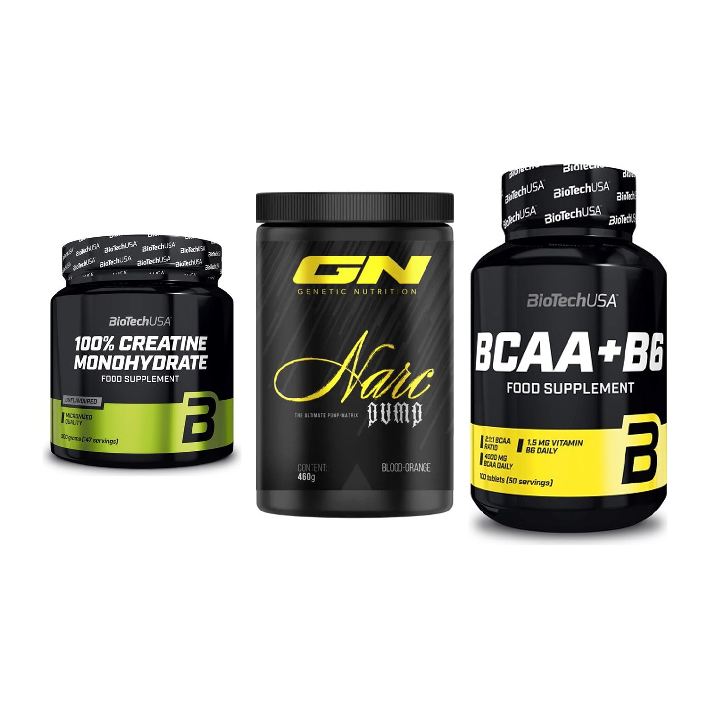 Kraft-Stack: BioTech Creatine + GN Narc Pump + BioTech BCAA+B6 – alle enthaltenen Artikel