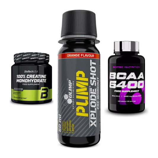 Kraft-Stack: BioTech Creatine + Olimp Pump Xplode + Scitec BCAA 6400 – alle enthaltenen Artikel