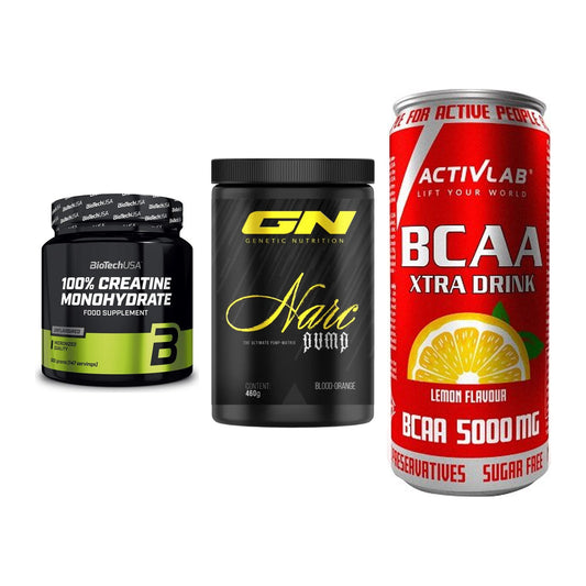 Kraft-Stack: BioTech Creatine + GN Narc Pump 460g + Activlab BCAA – alle enthaltenen Artikel