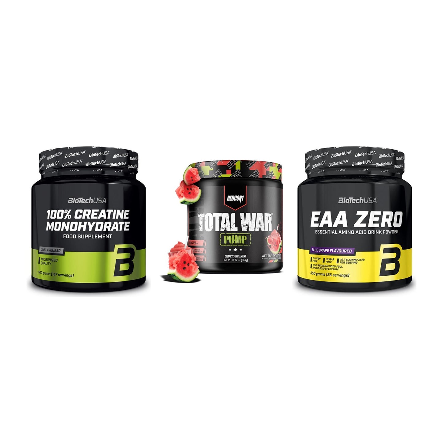 Kraft-Stack: BioTech Creatine + Redcon1 Total War + BioTech EAA Zero – alle enthaltenen Artikel