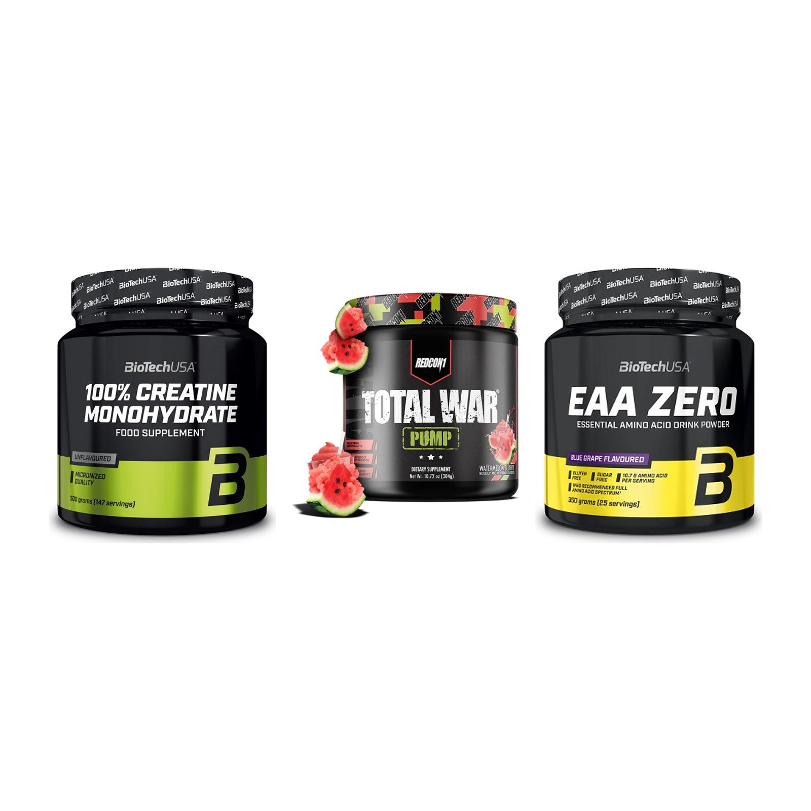 Kraft-Stack: BioTech Creatine + Redcon1 Total War + BioTech EAA Zero – alle enthaltenen Artikel
