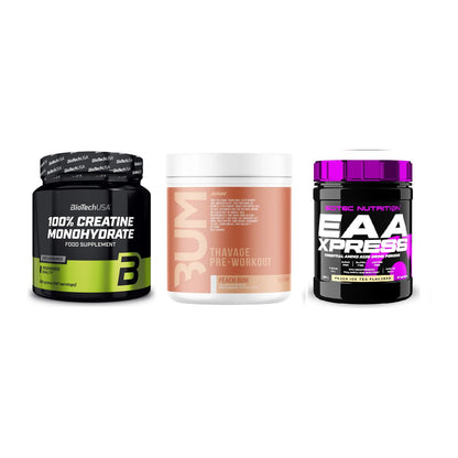 Kraft-Stack: BioTech Creatine + RAW Nutrition + Scitec EAA Xpress – alle enthaltenen Artikel