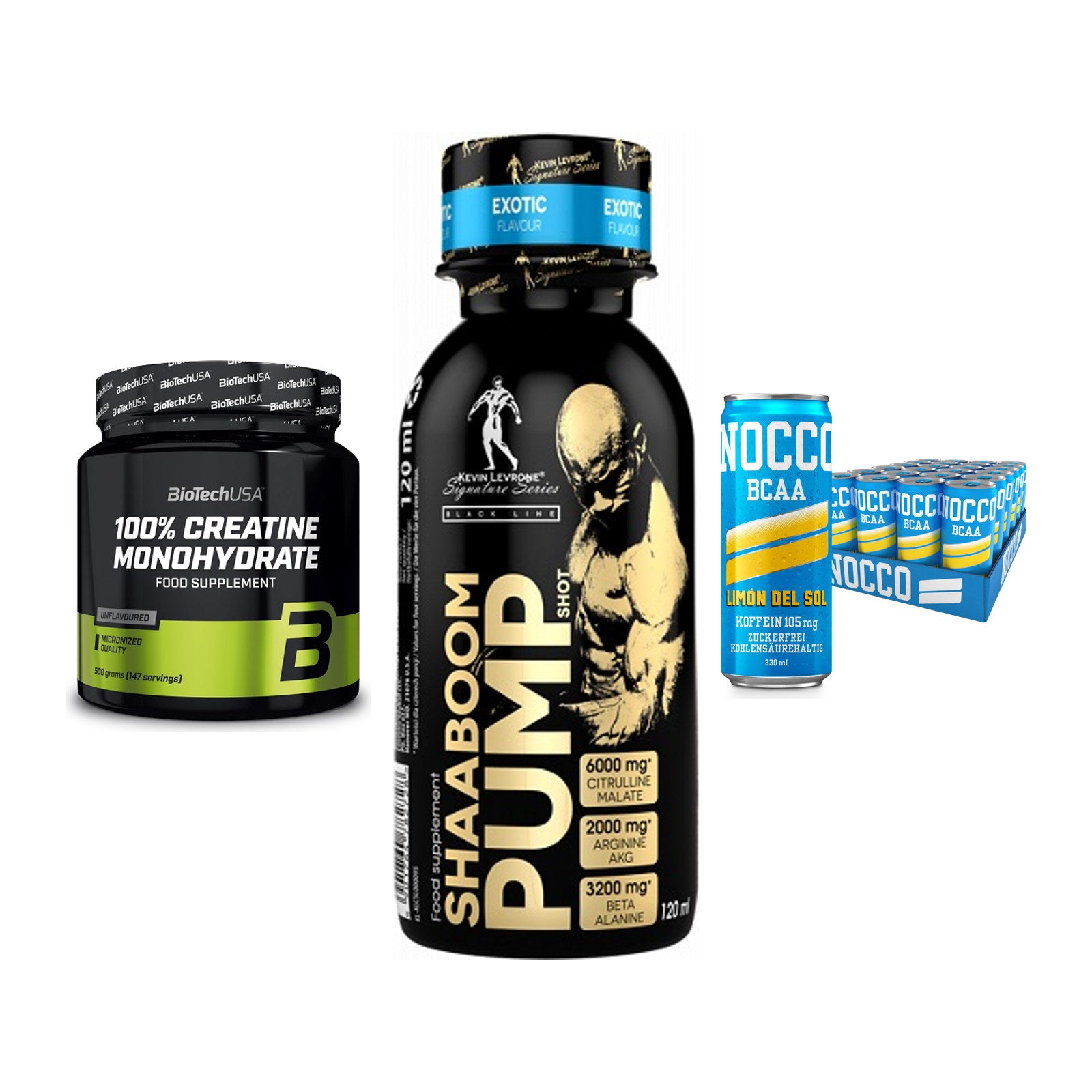 Kraft-Stack: BioTech Creatine + Kevin Levrone + Nocco BCAA Drink – alle enthaltenen Artikel