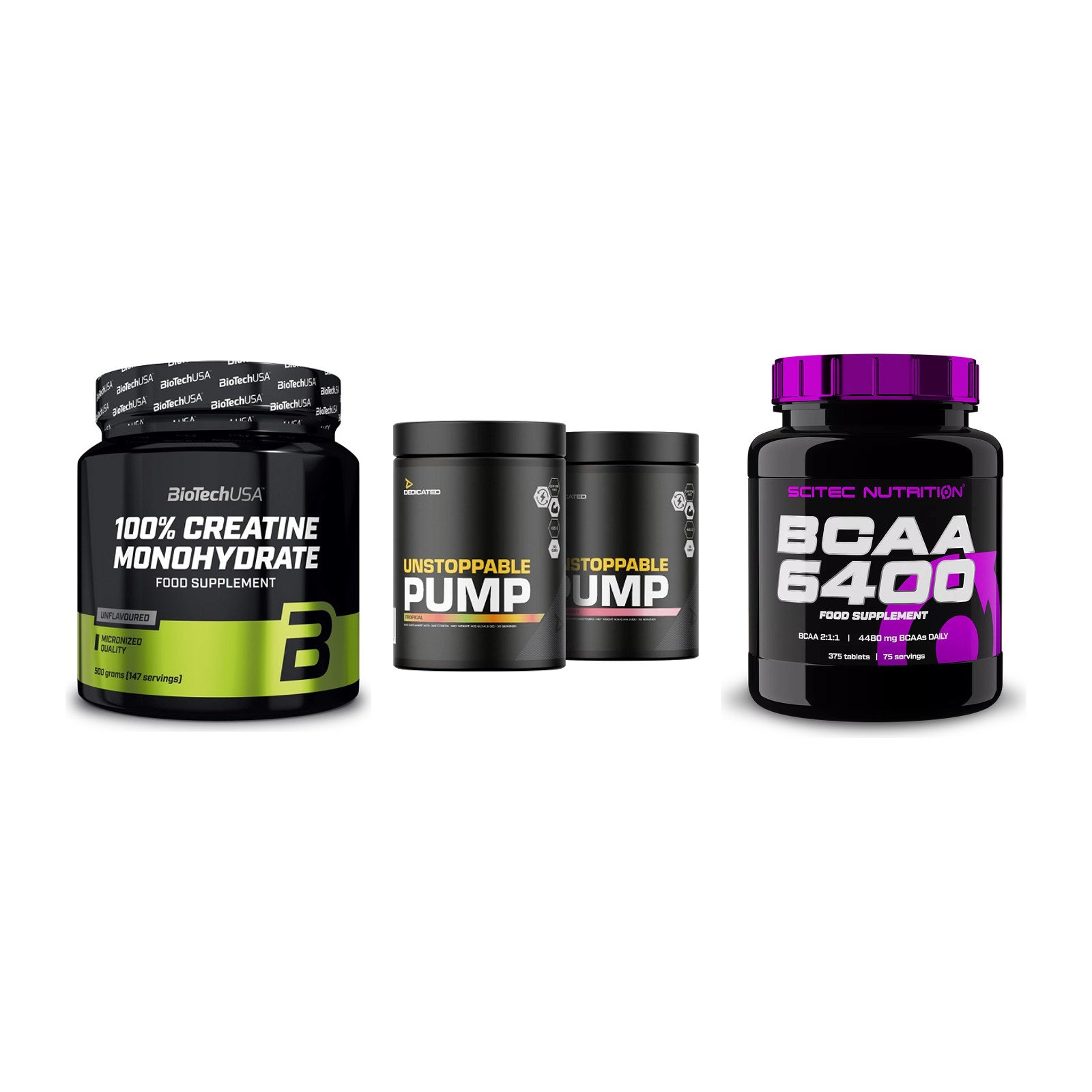 Kraft-Stack: BioTech Creatine + Dedicated + Scitec BCAA 6400 – alle enthaltenen Artikel