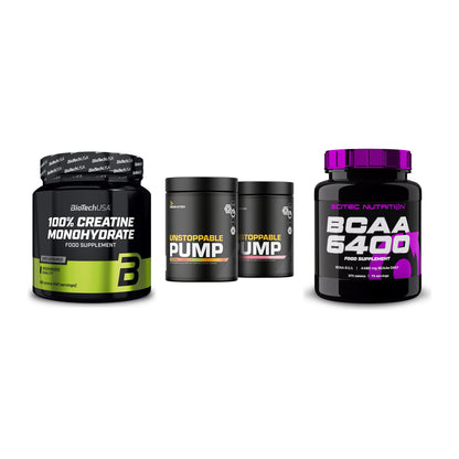 Kraft-Stack: BioTech Creatine + Dedicated + Scitec BCAA 6400 – alle enthaltenen Artikel
