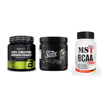Kraft-Stack: BioTech Creatine + #GYMJUICE SUIZIDE + MST BCAA 1000 (90 – alle enthaltenen Artikel