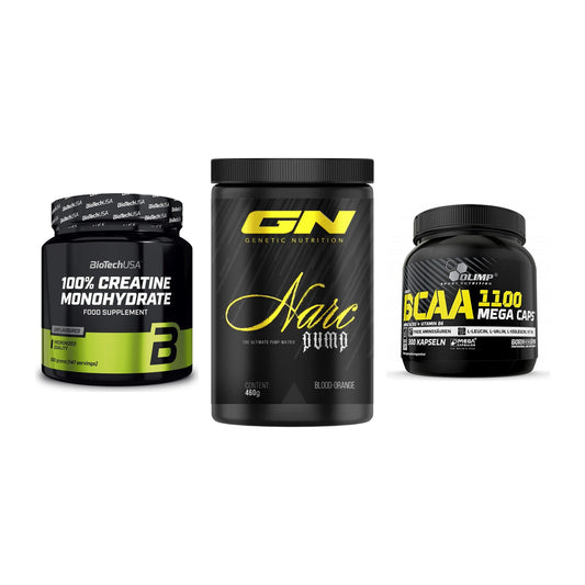 Kraft-Stack: BioTech Creatine + GN Narc Pump + Olimp BCAA Mega – alle enthaltenen Artikel