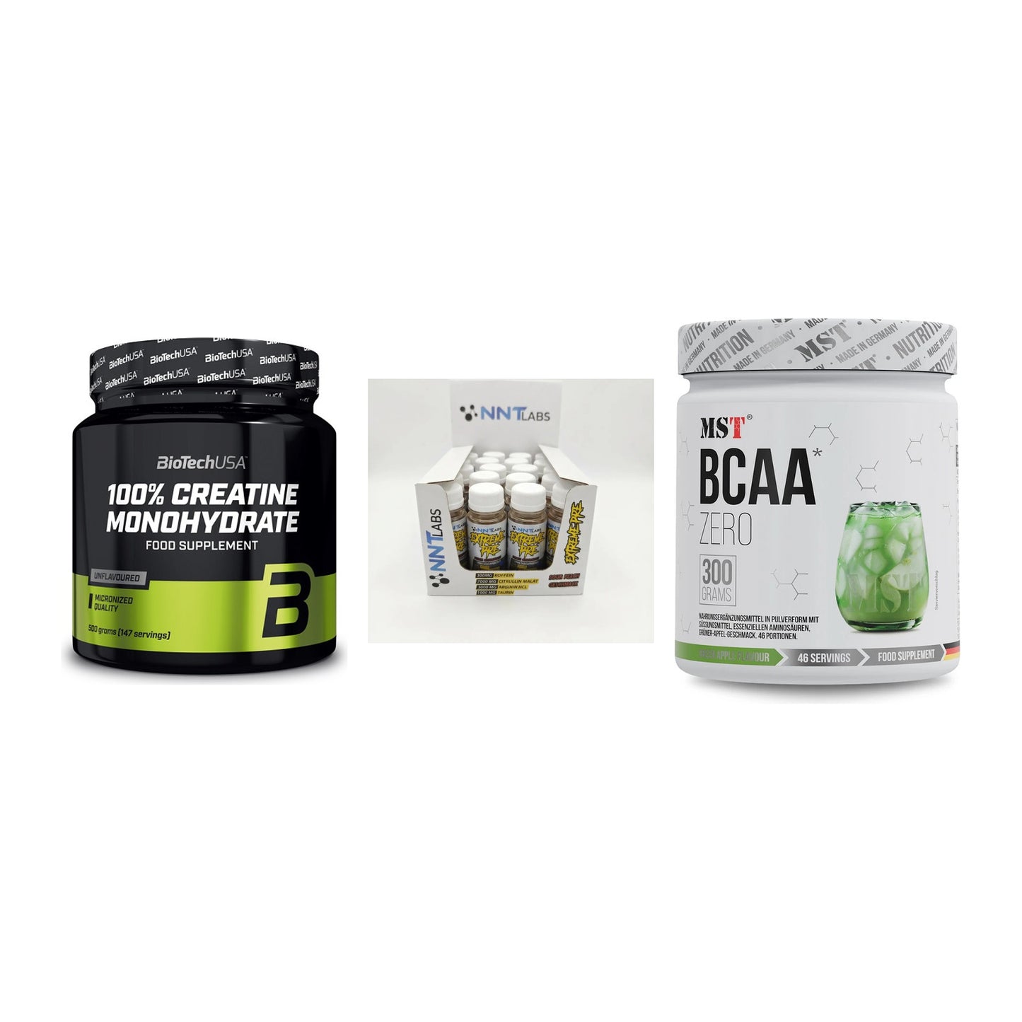 Kraft-Stack: BioTech Creatine + NNT Extreme + MST BCAA Zero – alle enthaltenen Artikel