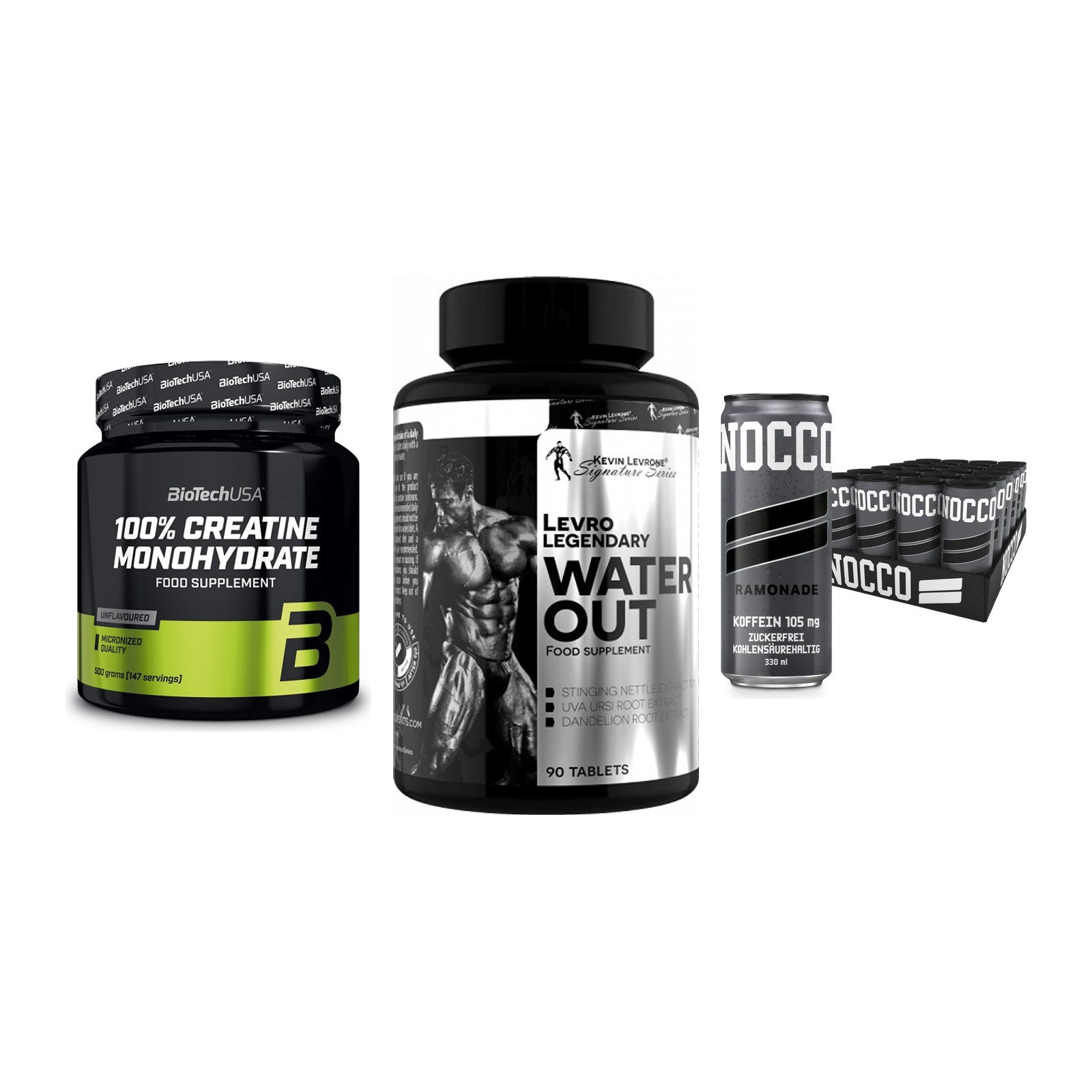 Kraft-Stack: BioTech Creatine + Kevin Levrone + Nocco BCAA Drink – alle enthaltenen Artikel
