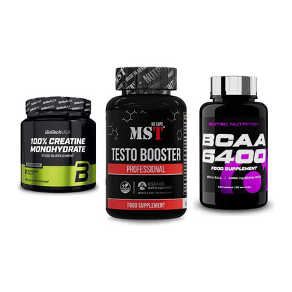 Kraft-Stack: BioTech Creatine + MST Testo Booster + Scitec BCAA 6400 – alle enthaltenen Artikel