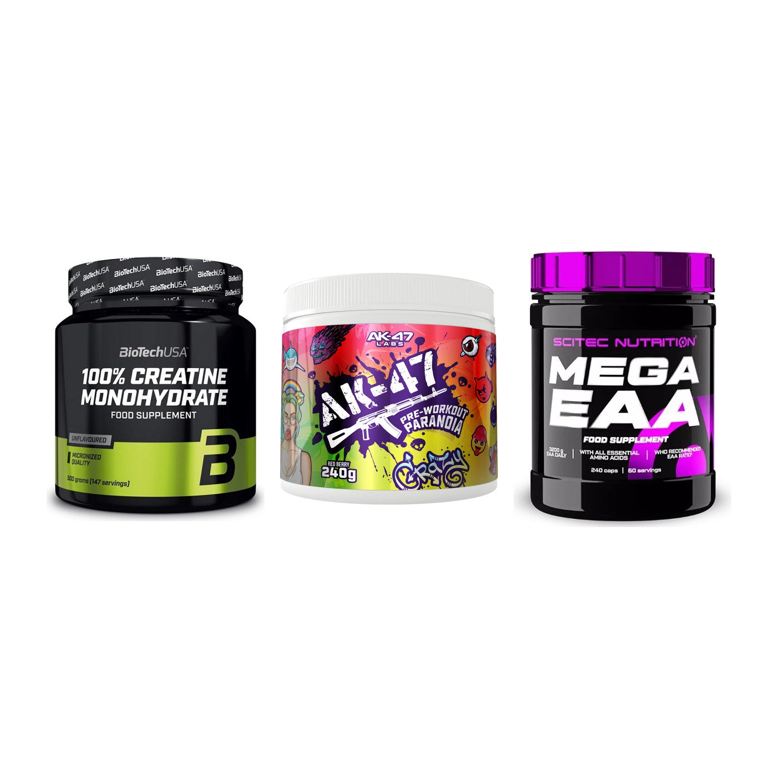 Kraft-Stack: BioTech Creatine + AK47 Labs + Scitec Mega EAA – alle enthaltenen Artikel