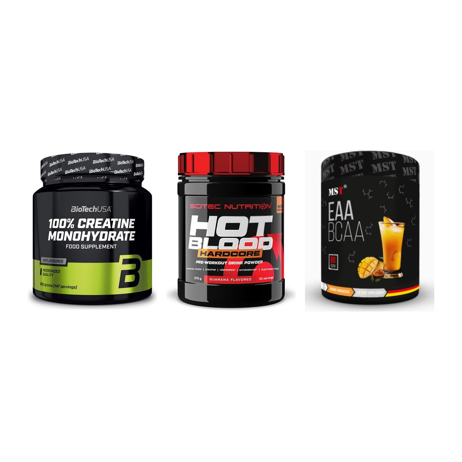 Kraft-Stack: BioTech Creatine + Scitec Hot Blood + MST EAA & BCAA – alle enthaltenen Artikel