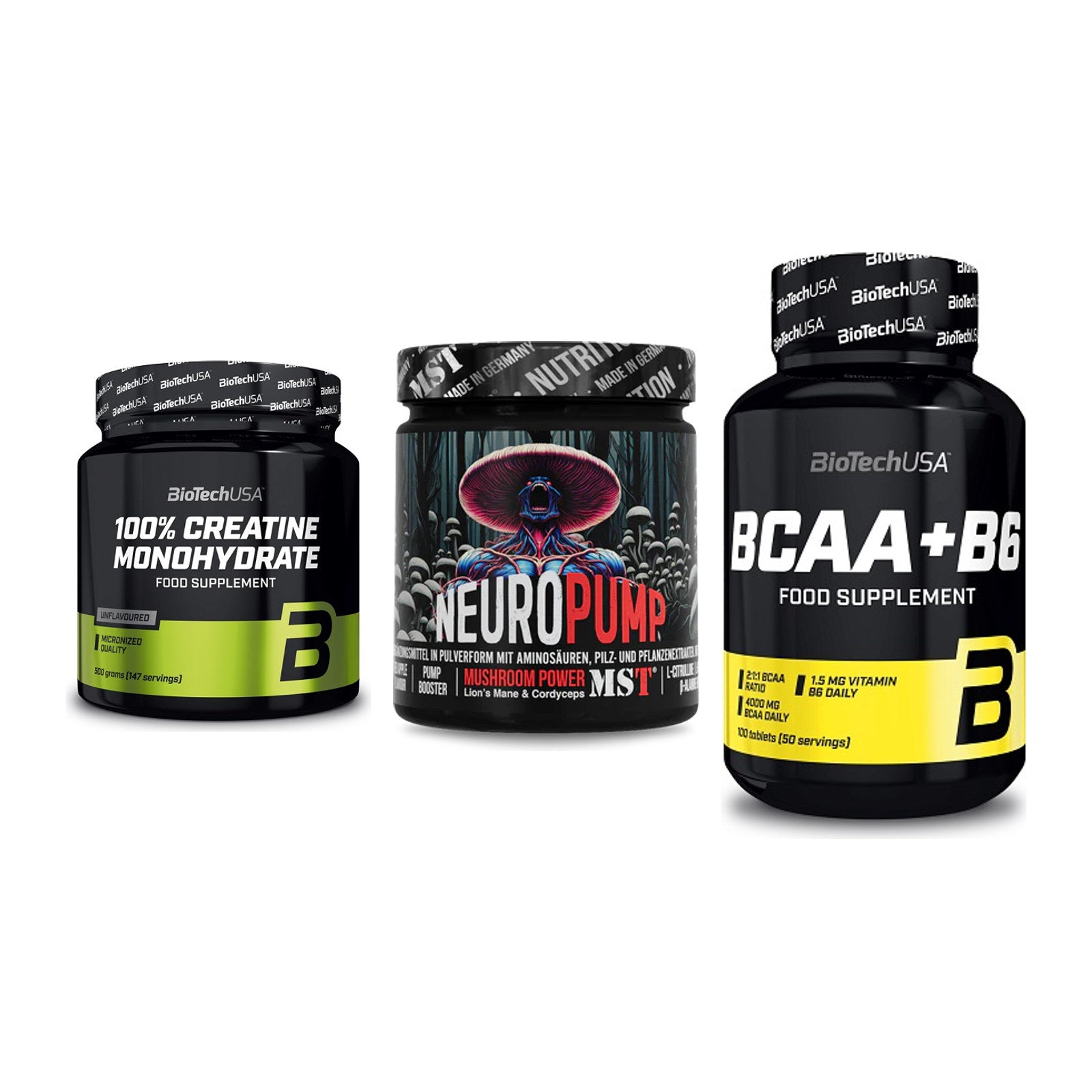 Kraft-Stack: BioTech Creatine + MST NeuroPump + BioTech BCAA+B6 – alle enthaltenen Artikel