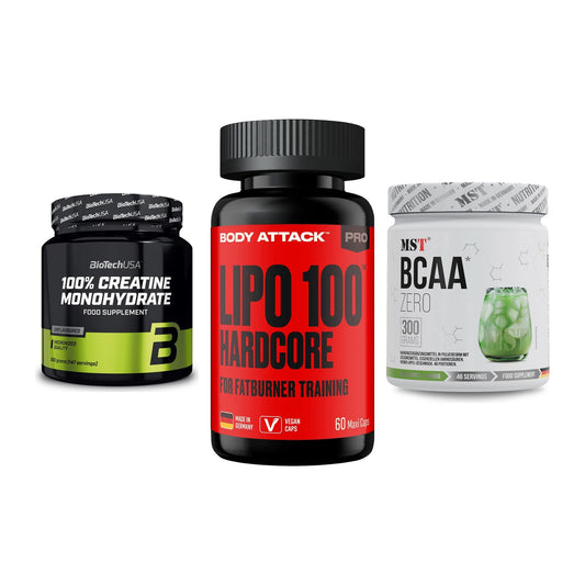 Kraft-Stack: BioTech Creatine + Body Attack LIPO + MST BCAA Zero – alle enthaltenen Artikel