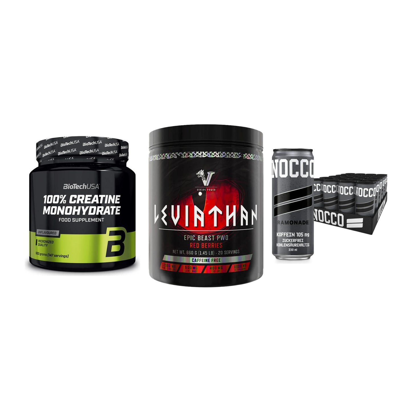 Kraft-Stack: BioTech Creatine + Viking Power + Nocco BCAA Drink – alle enthaltenen Artikel