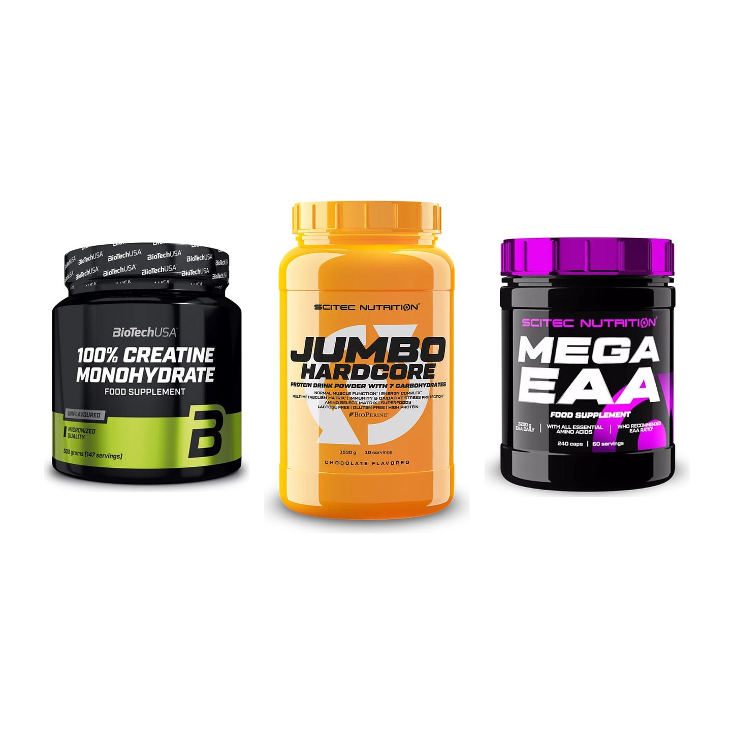 Kraft-Stack: BioTech Creatine + Scitec Jumbo + Scitec Mega EAA – alle enthaltenen Artikel