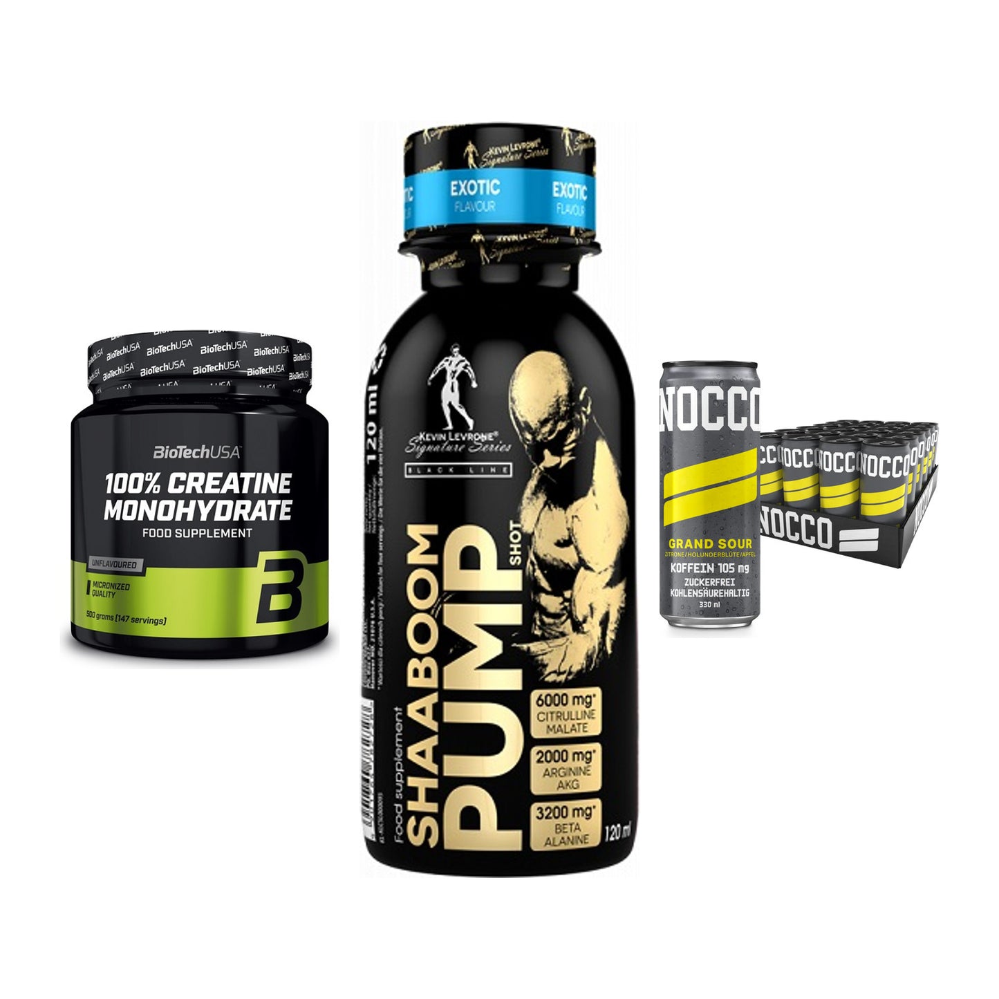Kraft-Stack: BioTech Creatine + Kevin Levrone + Nocco BCAA Drink – alle enthaltenen Artikel