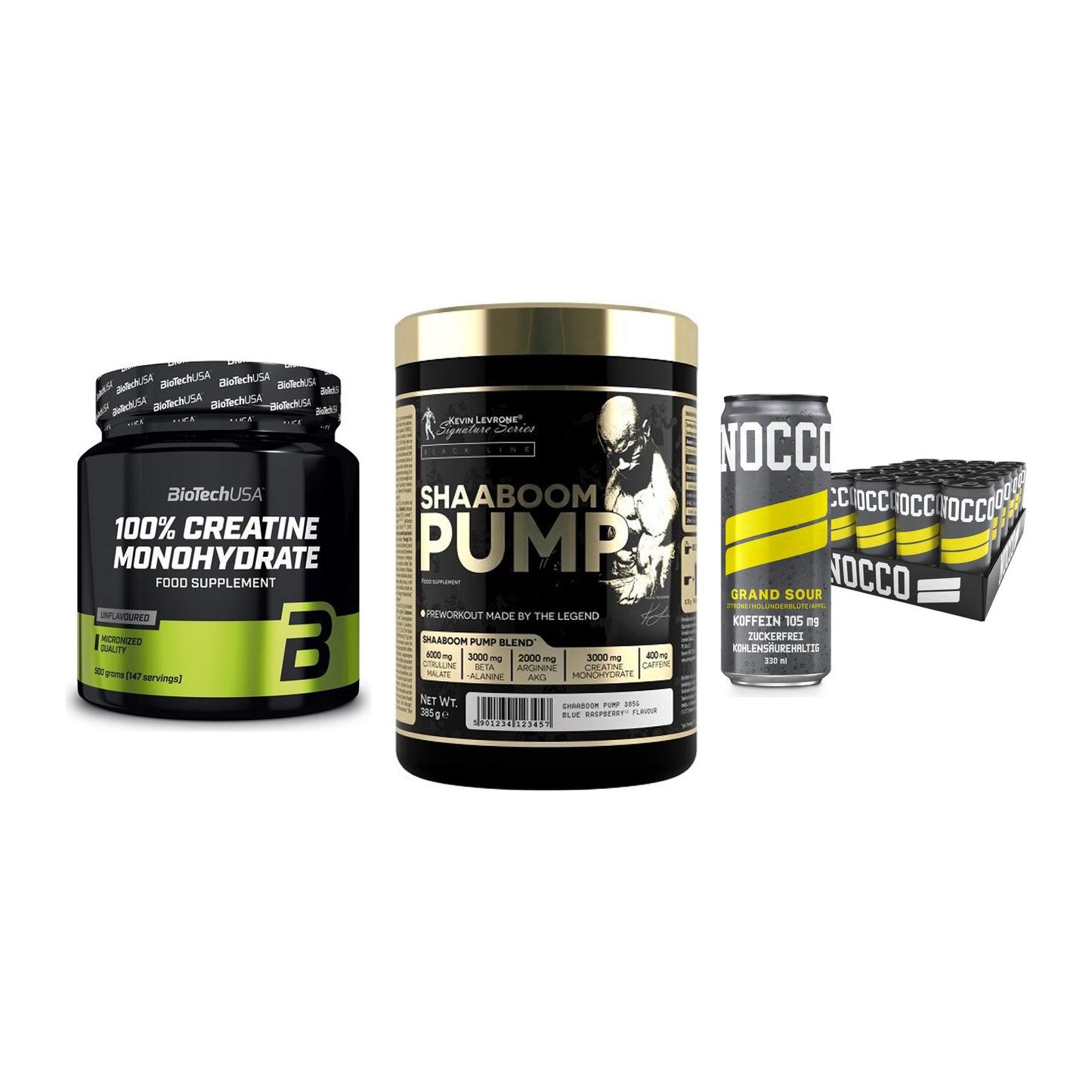 Kraft-Stack: BioTech Creatine + Kevin Levrone + Nocco BCAA Drink – alle enthaltenen Artikel