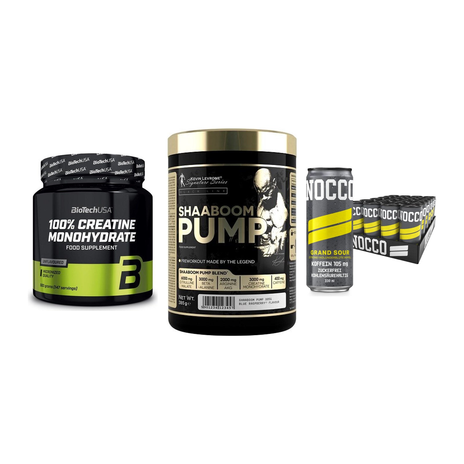 Kraft-Stack: BioTech Creatine + Kevin Levrone + Nocco BCAA Drink – alle enthaltenen Artikel