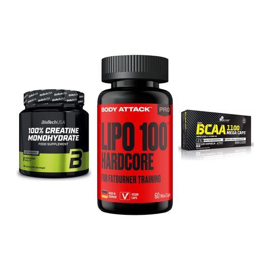 Kraft-Stack: BioTech Creatine + Body Attack LIPO + Olimp BCAA Mega – alle enthaltenen Artikel