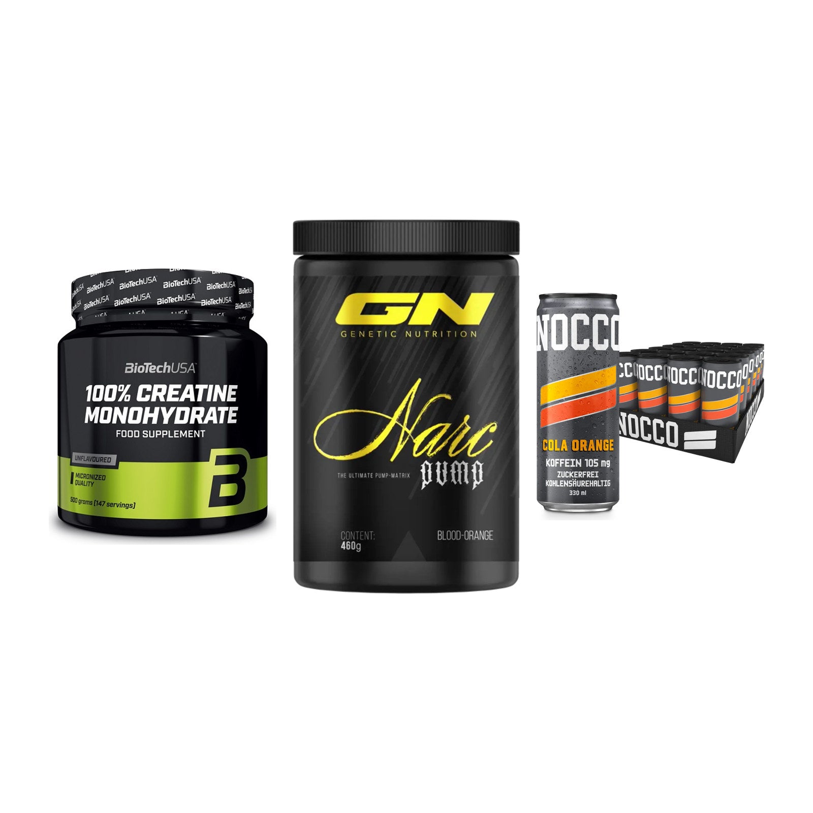 Kraft-Stack: BioTech Creatine + GN Narc Pump + Nocco BCAA Drink – alle enthaltenen Artikel