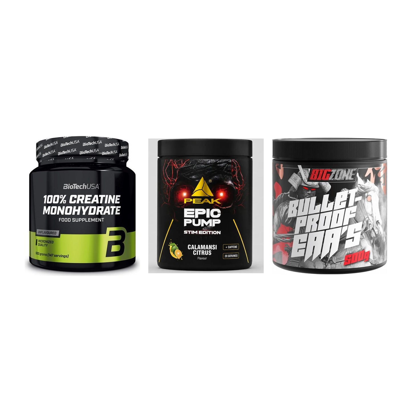 Kraft-Stack: BioTech Creatine + Peak Epic Pump + Big Zone Bulletpr – alle enthaltenen Artikel