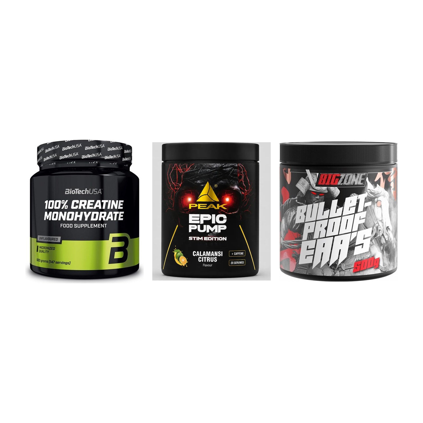 Kraft-Stack: BioTech Creatine + Peak Epic Pump + Big Zone Bulletpr – alle enthaltenen Artikel