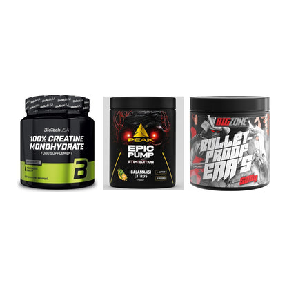 Kraft-Stack: BioTech Creatine + Peak Epic Pump + Big Zone Bulletpr – alle enthaltenen Artikel