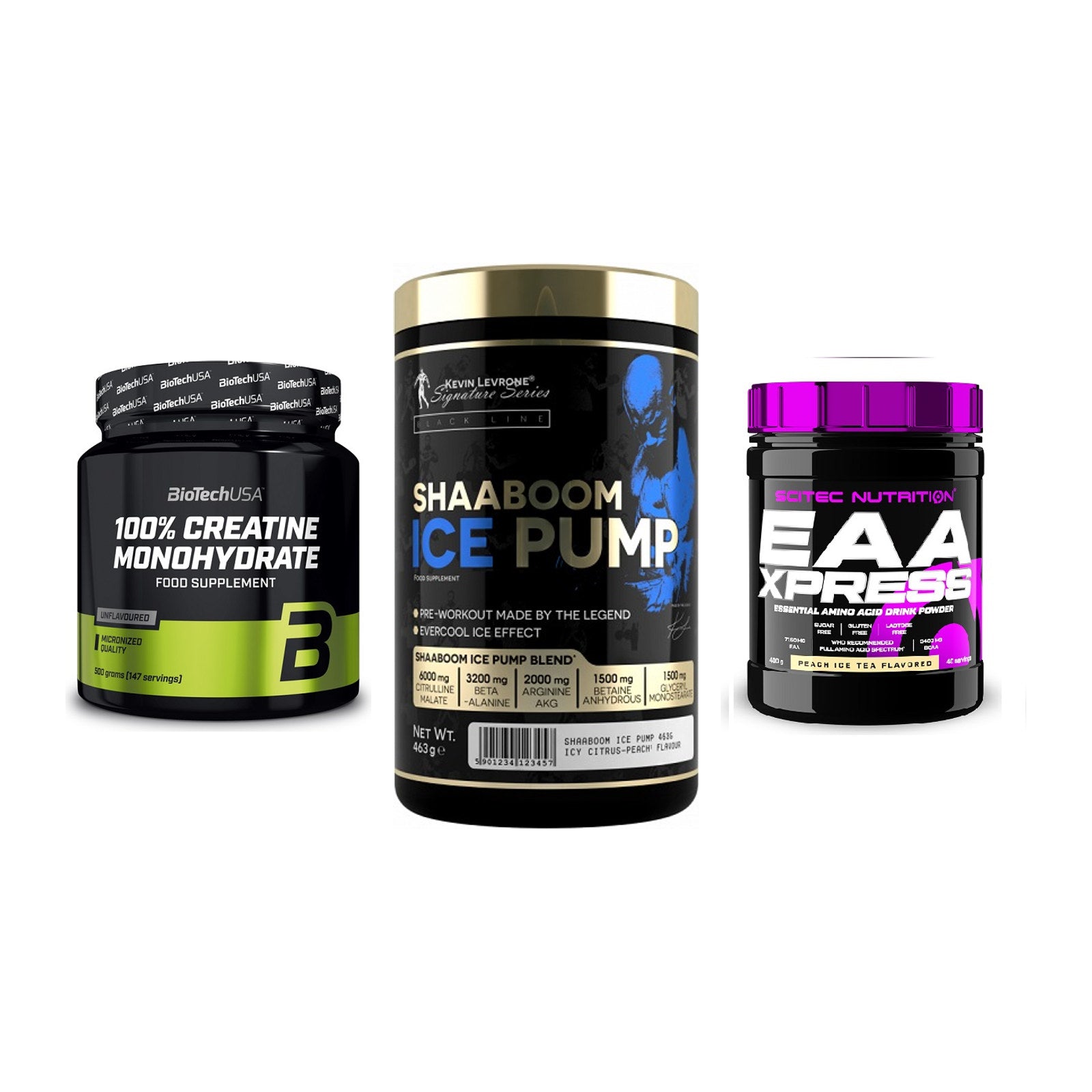 Kraft-Stack: BioTech Creatine + Kevin Levrone + Scitec EAA Xpress – alle enthaltenen Artikel