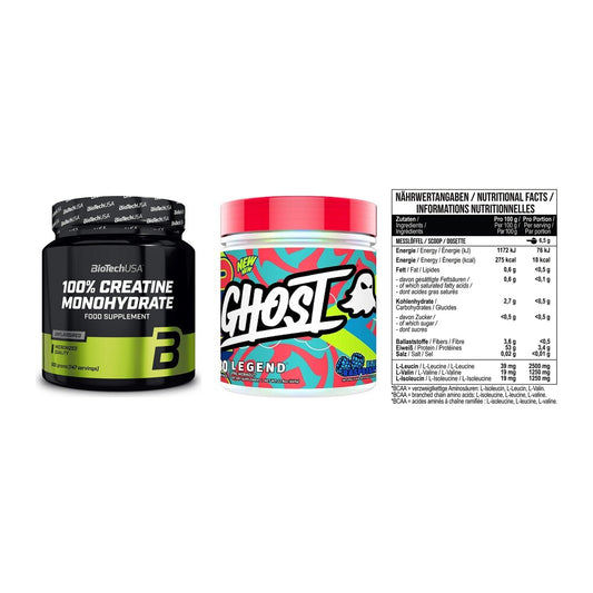 Kraft-Stack: BioTech Creatine + Ghost Legend V4 + MST BCAA Zero – alle enthaltenen Artikel