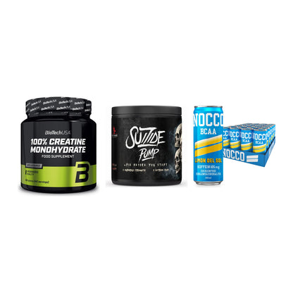 Kraft-Stack: BioTech Creatine + #GYMJUICE SUIZIDE + Nocco BCAA Drink – alle enthaltenen Artikel