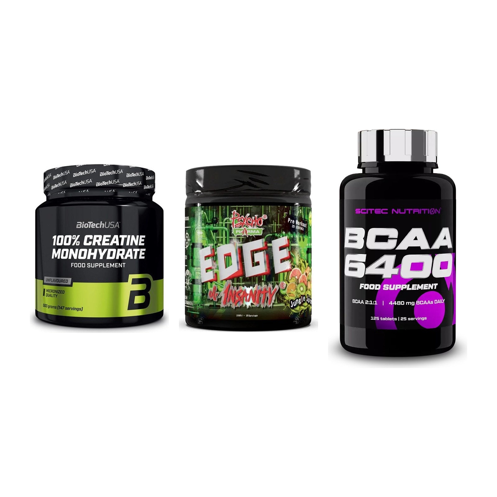 Kraft-Stack: BioTech Creatine + Psycho Pharma + Scitec BCAA 6400 – alle enthaltenen Artikel
