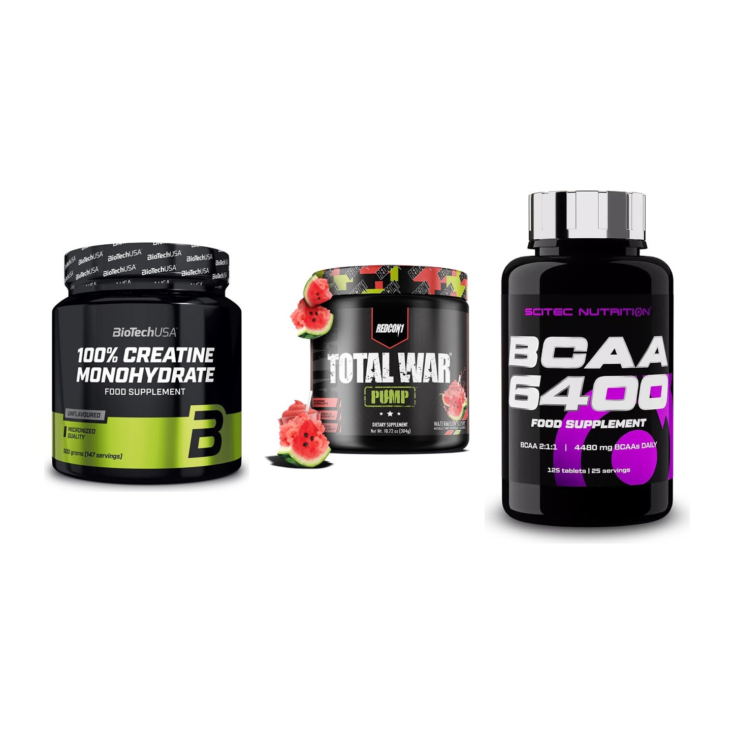 Kraft-Stack: BioTech Creatine + Redcon1 Total War + Scitec BCAA 6400 – alle enthaltenen Artikel