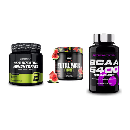 Kraft-Stack: BioTech Creatine + Redcon1 Total War + Scitec BCAA 6400 – alle enthaltenen Artikel