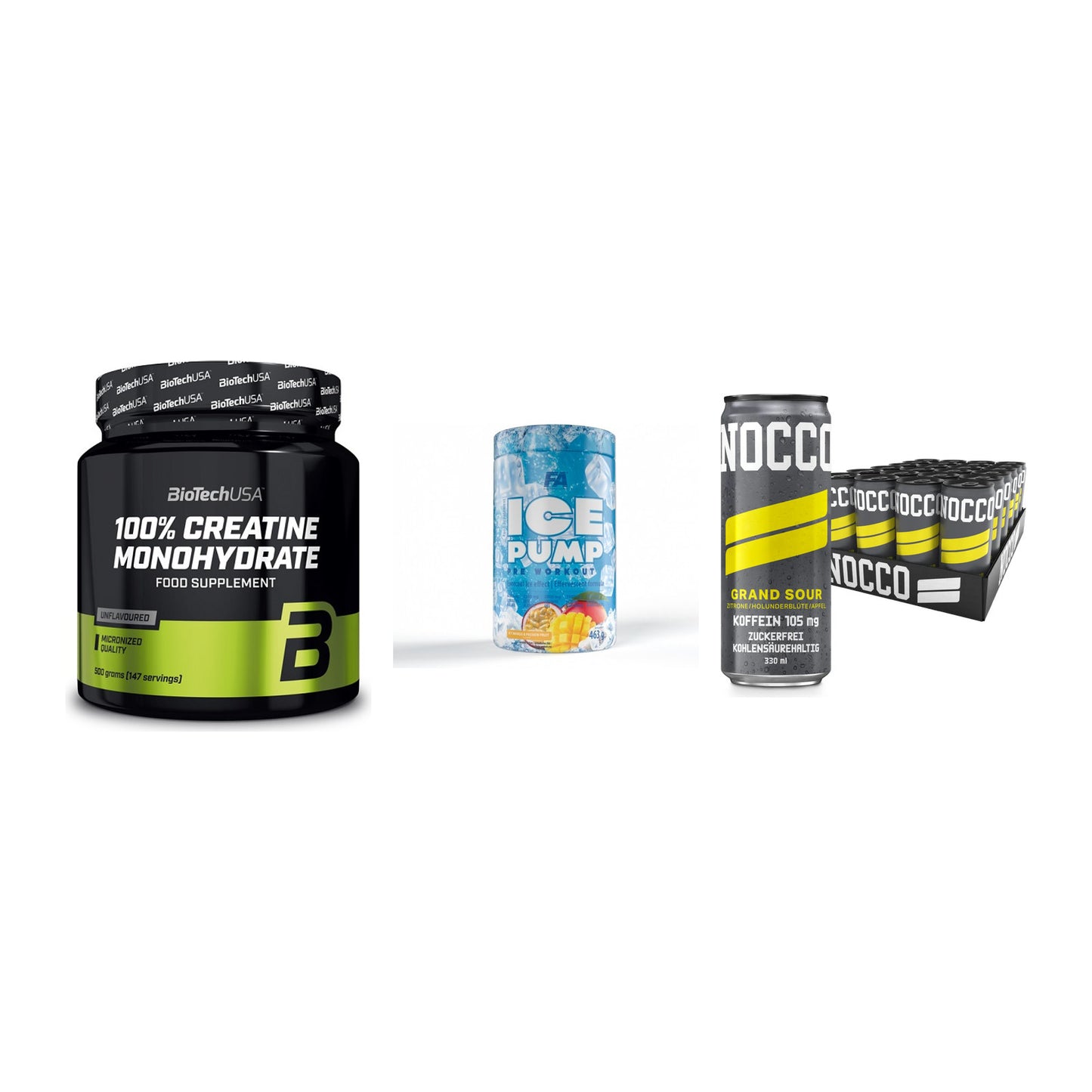 Kraft-Stack: BioTech Creatine + FA Nutrition ICE + Nocco BCAA Drink – alle enthaltenen Artikel