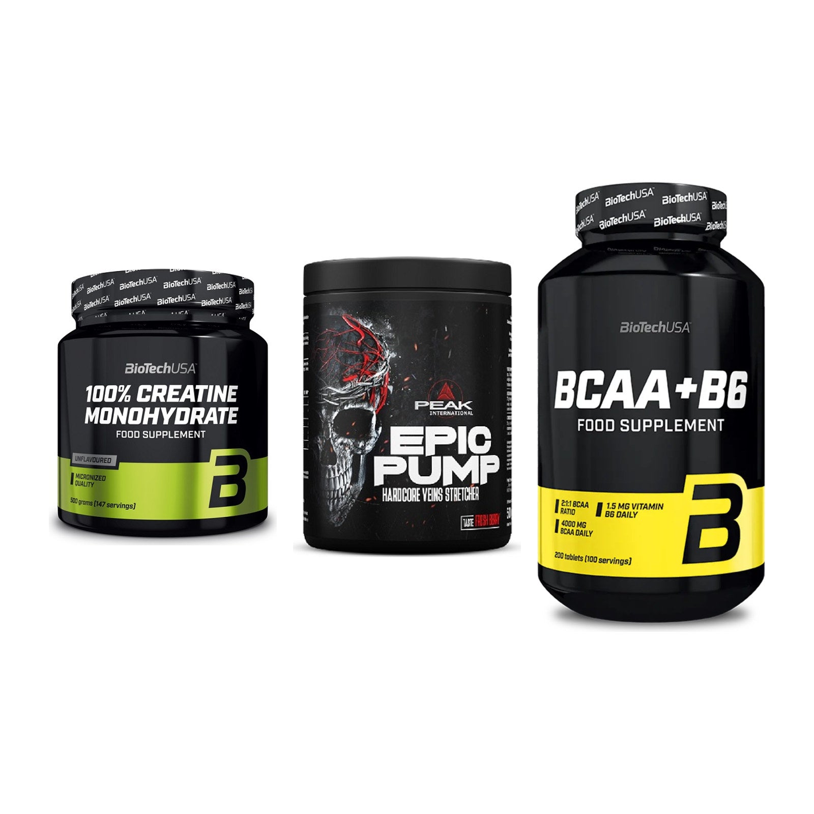 Kraft-Stack: BioTech Creatine + Peak EPIC Pump + BioTech BCAA+B6 – alle enthaltenen Artikel