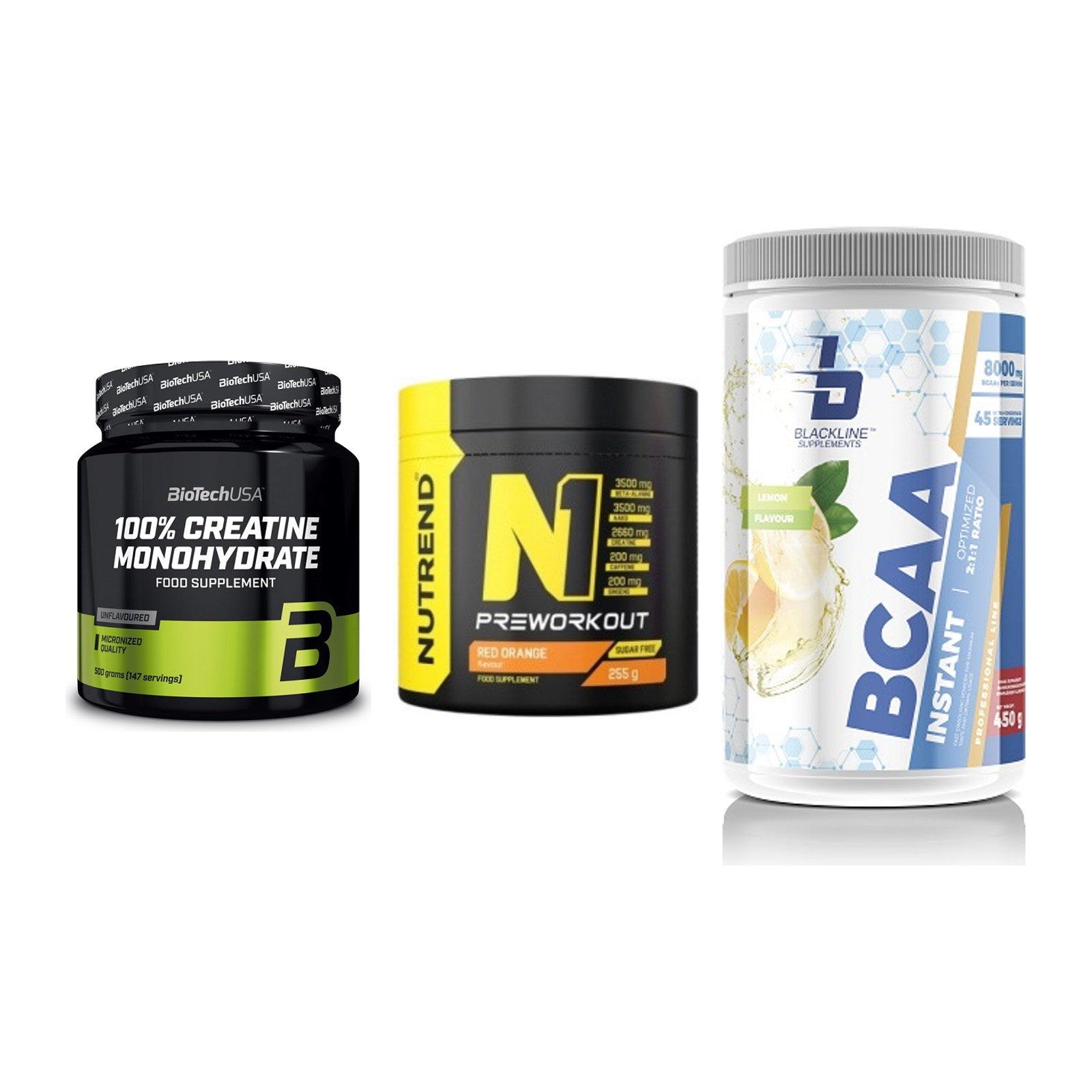 Kraft-Stack: BioTech Creatine + Nutrend N1 + Blackline – alle enthaltenen Artikel